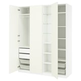 White PAX wardrobe with open drawers, shelves, and mesh baskets.