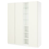 This image a white IKEA PAX wardrobe with open shelves. It has a minimalistic design with adjustable feet and soft-closing hinges.