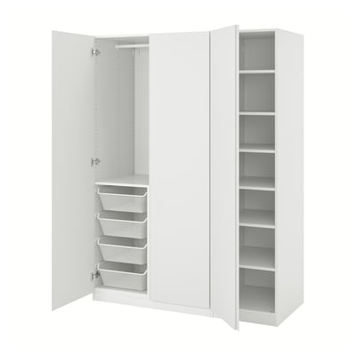 Displays a white ikea PAX wardrobe. It two open sections: one with shelves and the other with drawers.