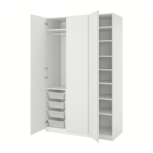 White PAX wardrobe with open doors, showing drawers and shelves inside.