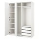 Option: White PAX wardrobe with open doors, four shelves, and three drawers.