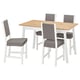 A white and wood dining set named PINNTORP. It includes a square wooden table and four matching chairs with gray cushions.