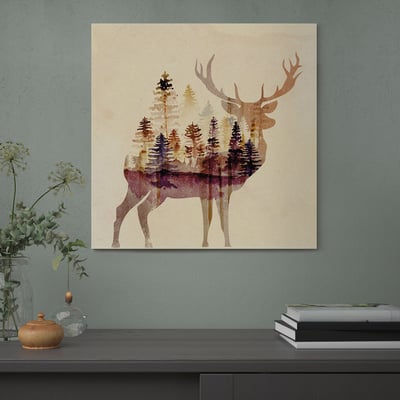 PJÄTTERYD painting: deer, forest, beige canvas. Large, framed. On wall, beside vase and books.