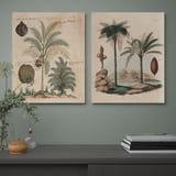Two botanical palm prints on blue wall. Below, sideboard with vase, bowl, books.