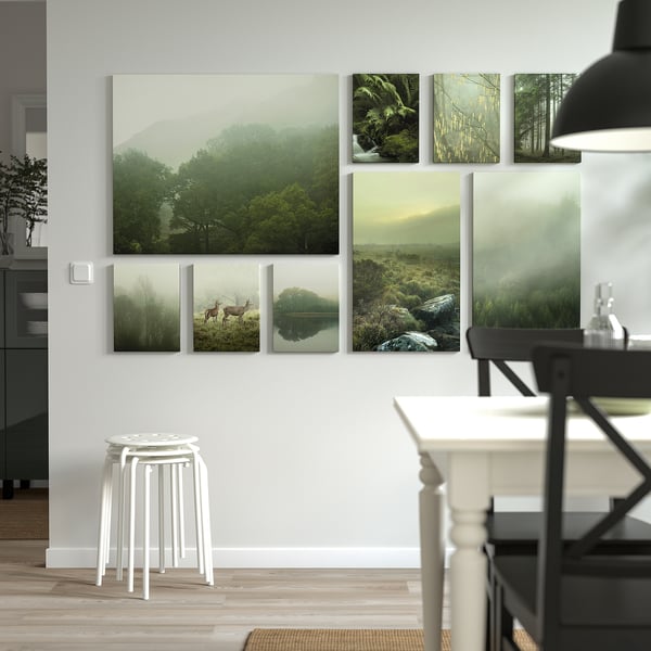 Grid display of neutral-toned nature photos, central serene forest, stool, and chair.