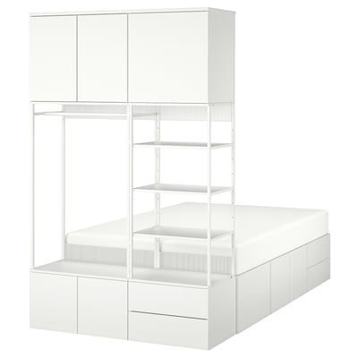 A white PLATSA bedroom storage unit, combining a bed with shelves and drawers. It offers efficient storage and privacy.