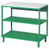 A green PLATSA shelving unit with three shelves and adjustable legs.