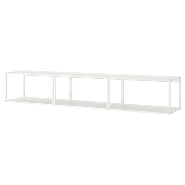 A white PLATSA storage unit, a versatile metal shelf with open compartments, suitable for various spaces.
