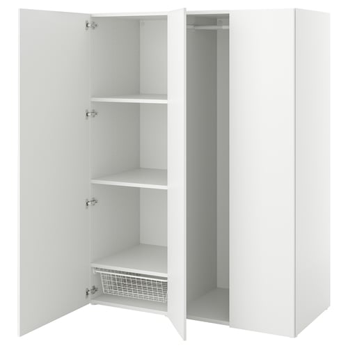White PLATSA storage cabinet with adjustable shelves and hanging rod.