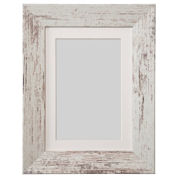 Plommontrad white photo frame, distressed wood look, rectangular, traditional design, front plastic protection.