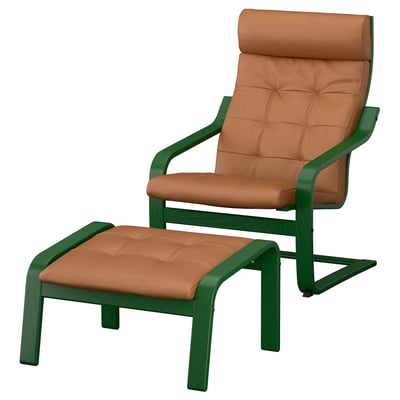 POÄNG Armchair and footstool, dark green/Grann golden-brown
