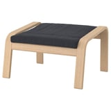 POÄNG footstool, light oak, black cushion, curved design, supportive sides.
