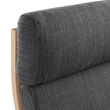 Close-up of a grey fabric sofas armrest, showcasing its soft, textured upholstery and sturdy wooden frame.