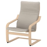 Beige POÄNG chair with oak arms and high backrest.