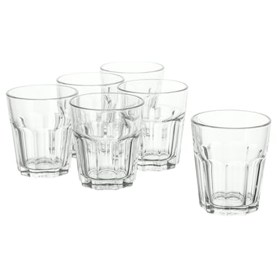 Six clear, transparent glasses in varied sizes with a classic, ridged design. Made of toughened glass. Perfect for beverages of any temperature.