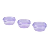 Three small purple plastic food containers with lids, round shape, stackable design, transparent material.