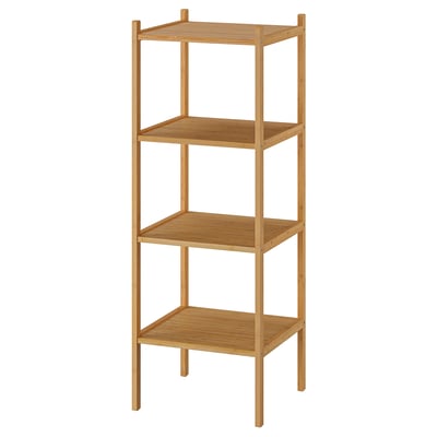 A RÅGRUND bamboo shelf. It is a light brown, four-tiered, standing shelf with a square frame and sturdy legs.