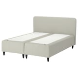 RÅHOLMAR bed, beige. Linen-look upholstery with five-zone support. Tall headboard, dark wooden legs.