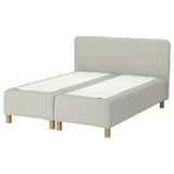 RÅHOLMAR bed in white, upholstered fabric, rectangular shape, 5 comfort zones, included headboard, wooden legs.