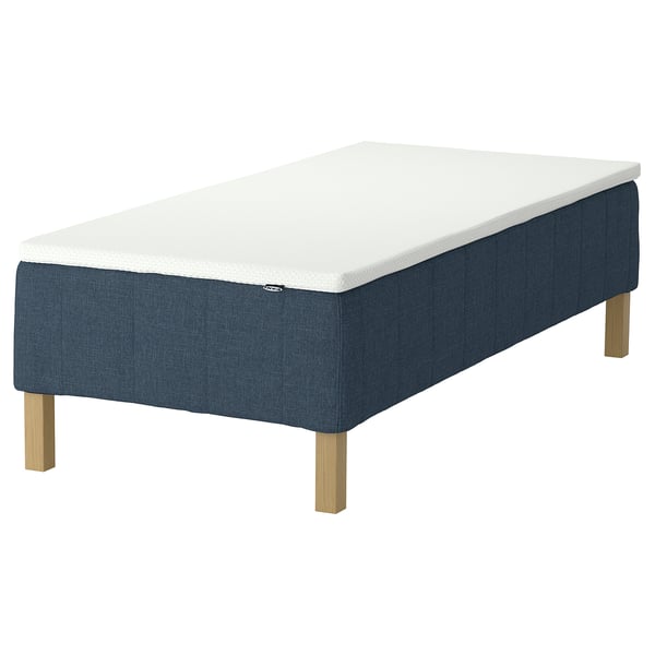 RÅHOLMAR bed: blue fabric, wooden legs, 5 comfort zones.