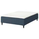 RÅHOLMAR bed: dark blue fabric, white mattress, square shape, four dark wooden legs.