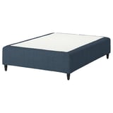 RÅHOLMAR mattress base: dark blue, fabric cover, rectangular shape, upholstered edges, four wooden legs.