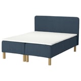 RÅHOLMAR bed: dark blue, fabric upholstered headboard, wooden legs, mattress with white cover.