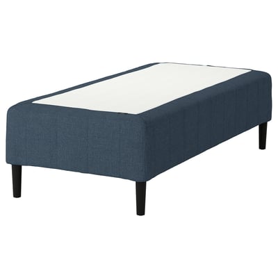 RÅHOLMAR bed: dark blue, rectangular, upholstered base with wooden legs, white mattress.