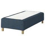 RÅHOLMAR bed: dark blue, rectangular, upholstered base, wooden legs.