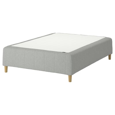 RÅHOLMAR: light grey fabric upholstered bed base with wooden legs, five-zone support design.