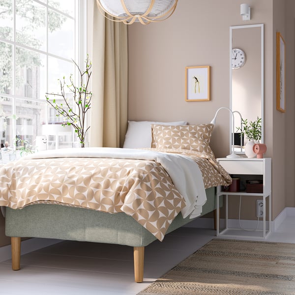RÅHOLMAR Pocket spring mattress bse, 5 zones, incl leg medium firm/Tibbleby beige/grey, 90x200 cm