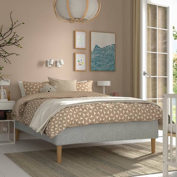 RÅHOLMAR Pocket spring mattress bse, 5 zones, incl leg medium firm/Tibbleby beige/grey, 120x200 cm