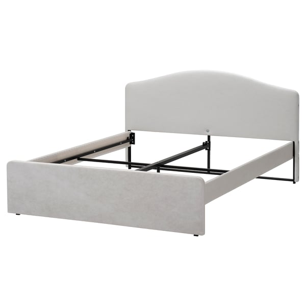 RAMNEFJÄLL bed shown in white, featuring sleek fabric upholstery, minimalist design with a curved headboard and black metal support legs.