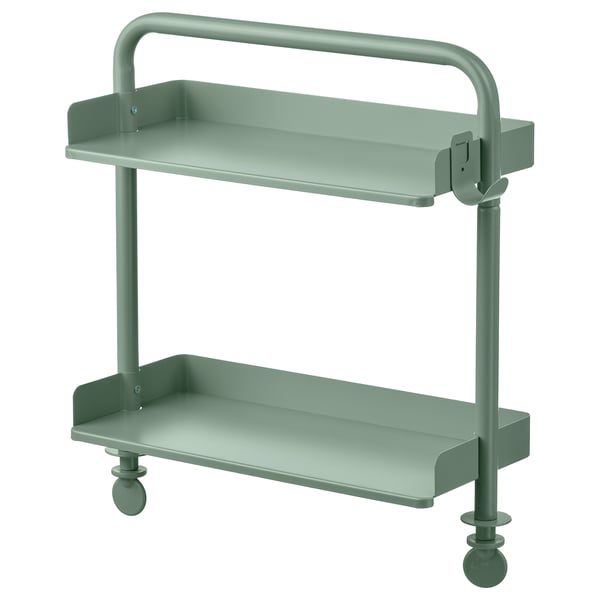 Green metal shelf trolley with 2 shelves, 4 wheels, and a handle.
