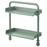 Green metal shelf trolley with 2 shelves, 4 wheels, and a handle.