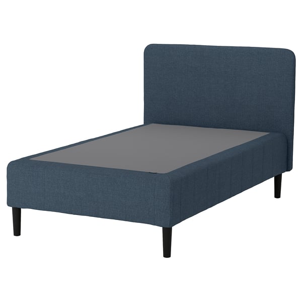 RENFJÄLLET bed in blue fabric with grey mattress, upholstered headboard, four wooden legs.