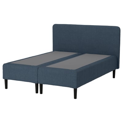Blue RENFJÄLLET bed with pocket springs, soft headboard, dark legs, removable washable cover.