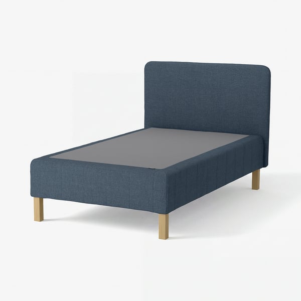 RENFJÄLLET Pocket spring mattress base, incl leg and headboard firm/Kilanda dark blue, 120x200 cm