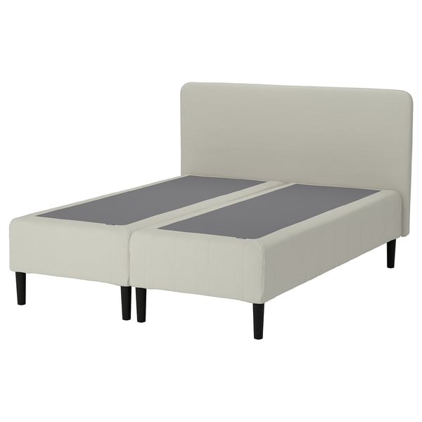 RENFJÄLLET bed, white, upholstered with wooden legs, padded headboard, modern minimalist design.