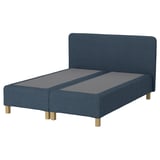 Blue fabric bed frame with gray mattress, wooden legs, and upholstered headboard.