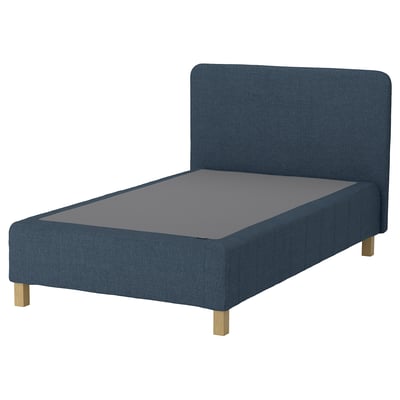 A blue RENFJÄLLET bed with a gray mattress, featuring a padded headboard and wooden legs.