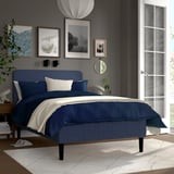 Modern blue RENFJÄLLET queen bed with art, plant, natural light.