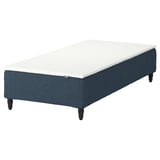 A blue IKEA RENFJÄLLET bed with a white mattress. It has wooden legs and a sleek design.