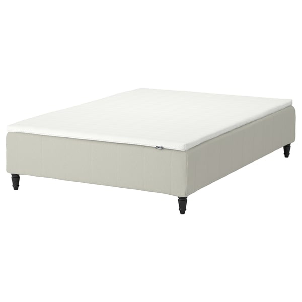 RENFJÄLLET bed base, white, upholstered fabric, rectangular, four legs.