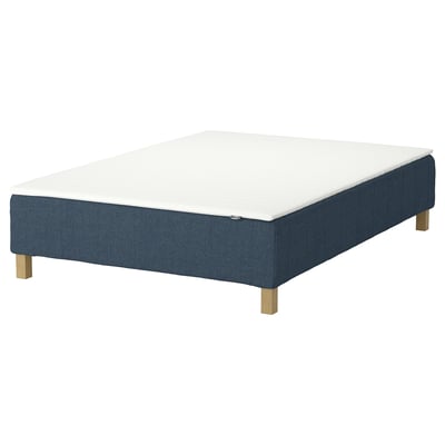 A blue RENFJÄLLET bed base with a white mattress, featuring wooden legs.