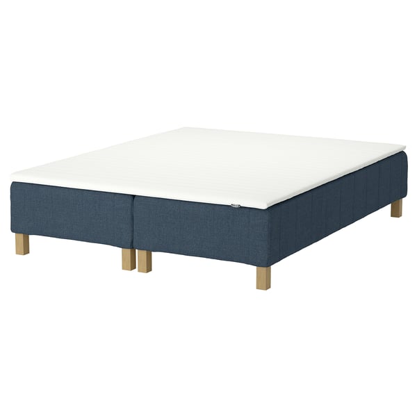 RENFJÄLLET bed: blue fabric, wooden legs, foam mattress.