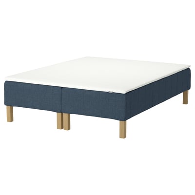 RENFJÄLLET bed base: white & blue, fabric-covered, wooden legs, square.