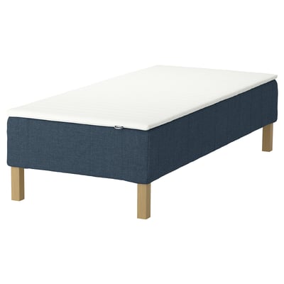 IKEA RENFJÄLLET mattress, blue with wooden legs, rectangular shape, soft top, fabric cover.
