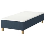A blue IKEA RENFJÄLLET mattress with a white top on wooden legs.