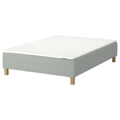 An IKEA RENFJÄLLET bed base with a light grey frame, white mattress, and wooden legs.